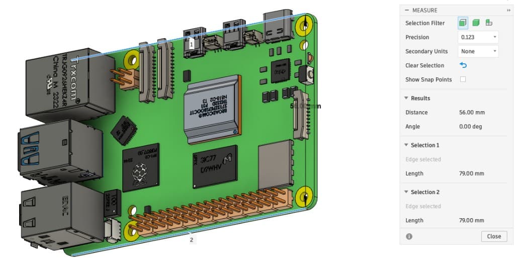 CAD Assist overlay measuring board width at 56.00 mm in SolidWorks